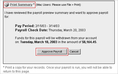 Print Summary and Approve Payroll